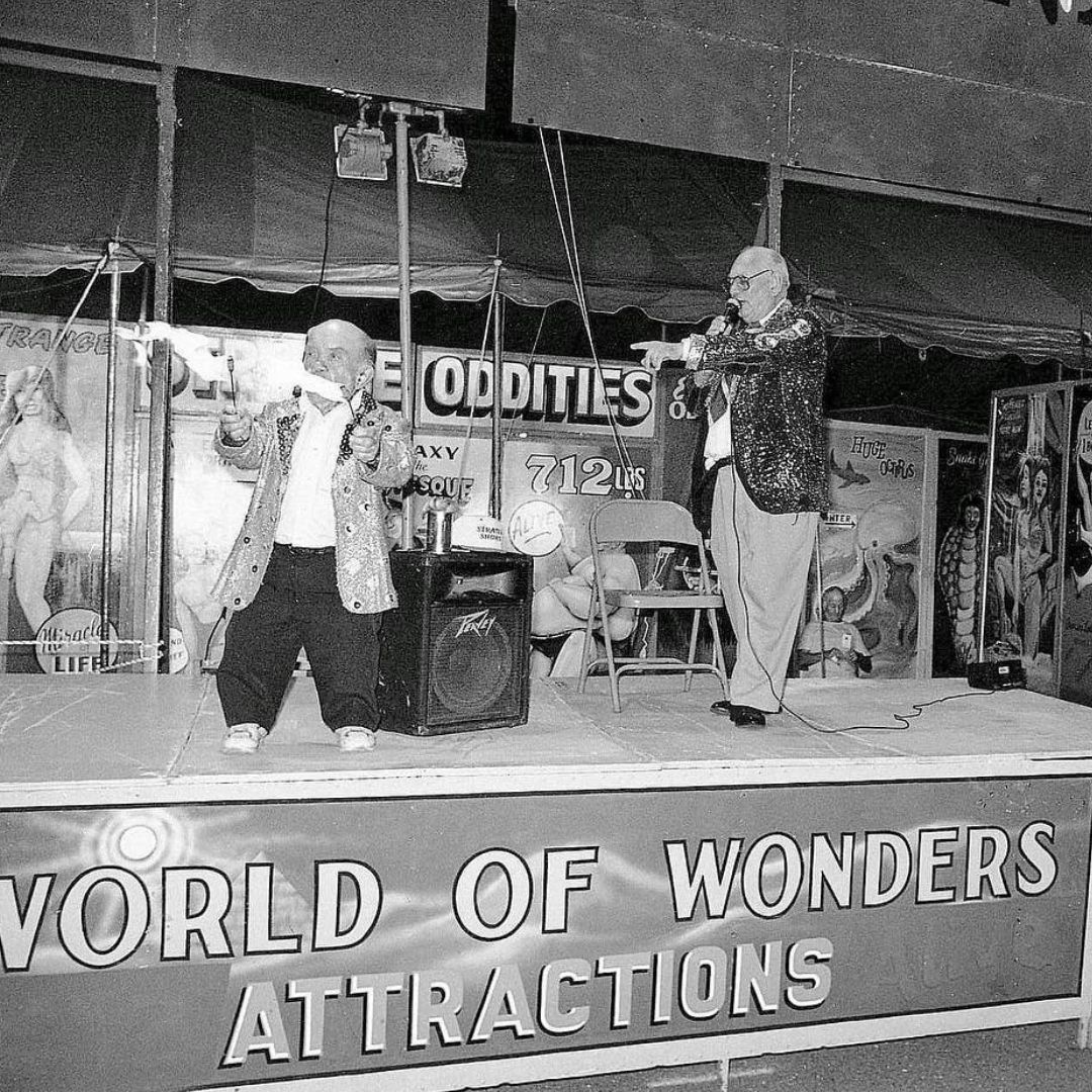 Black and white photo of World of Wonders with Ward Hall and Poohbah